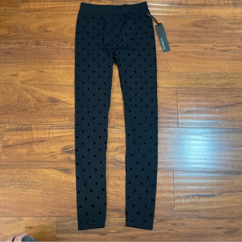 NWT ILANCO BLACK POLKA DOT LONG SPANDEX LEGGINGS SZ S/M